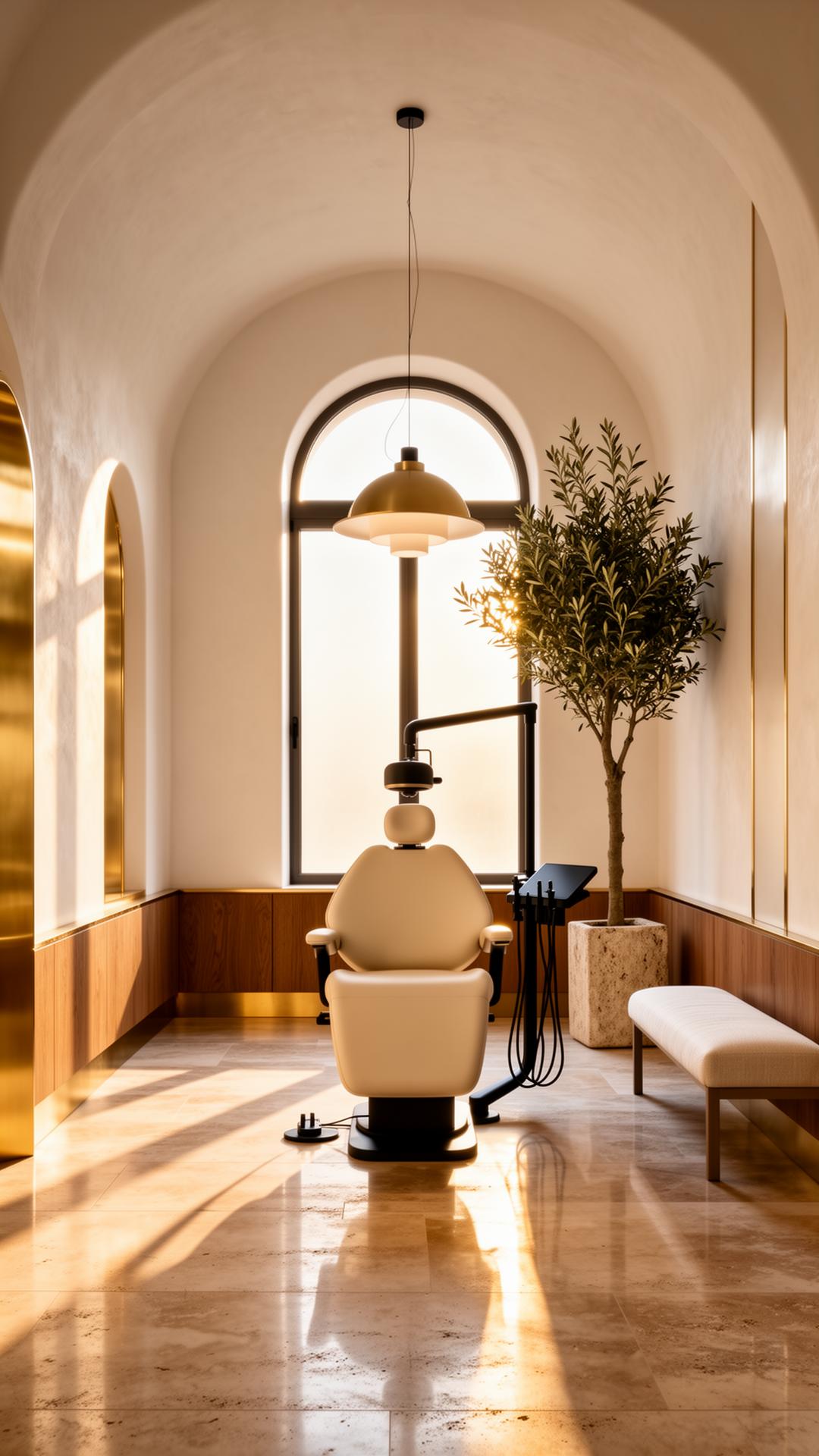 High-end modern dental operatory with brushed brass detailing and golden afternoon light